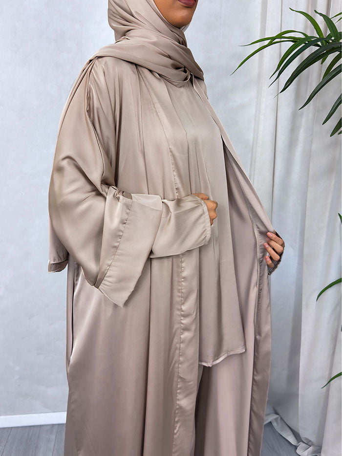 Dark nude abaya set styled as a practical everyday abaya for real life modest dressing