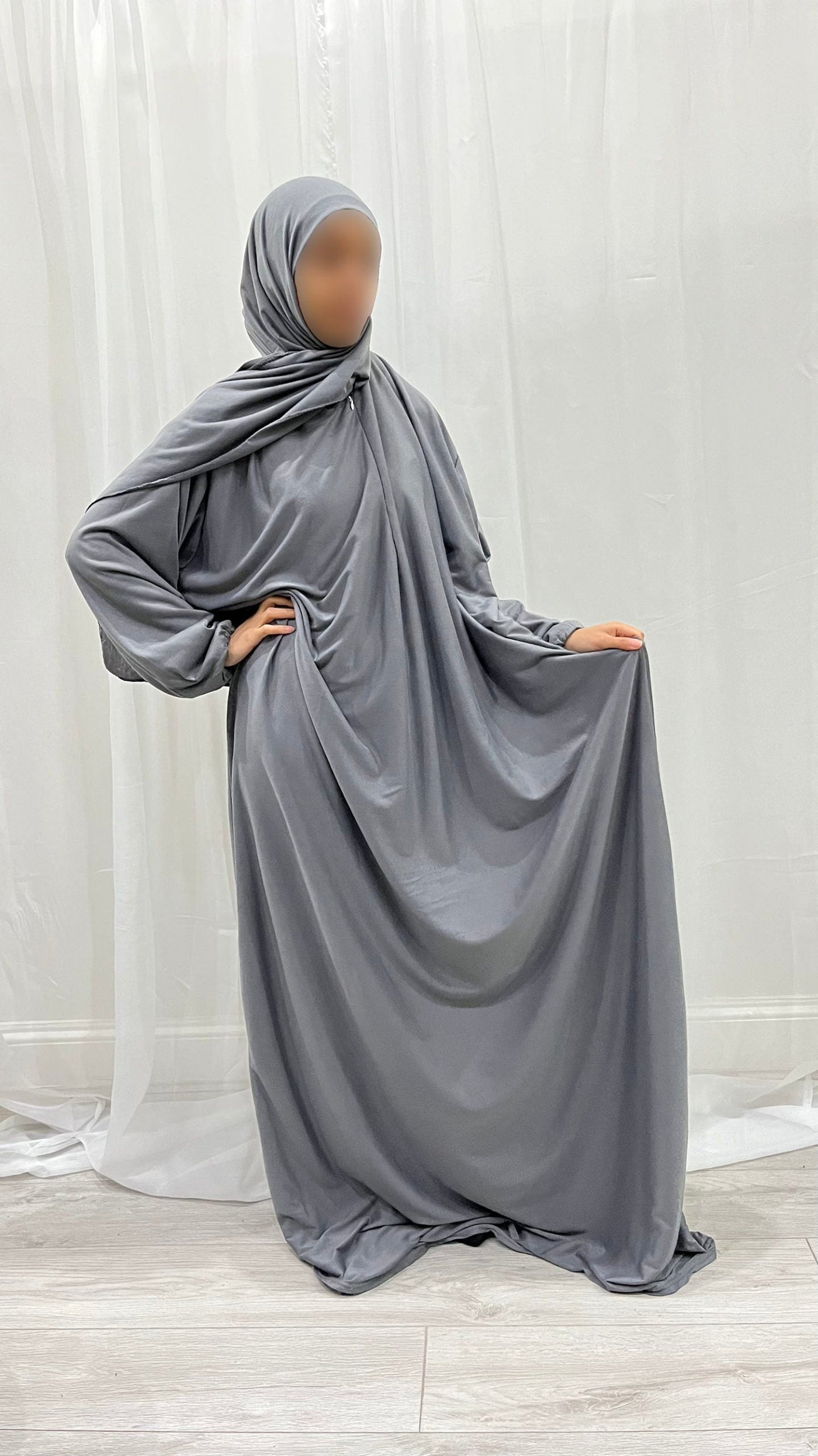 Grey one-piece cotton stretch prayer dress with an attached head covering for home prayer