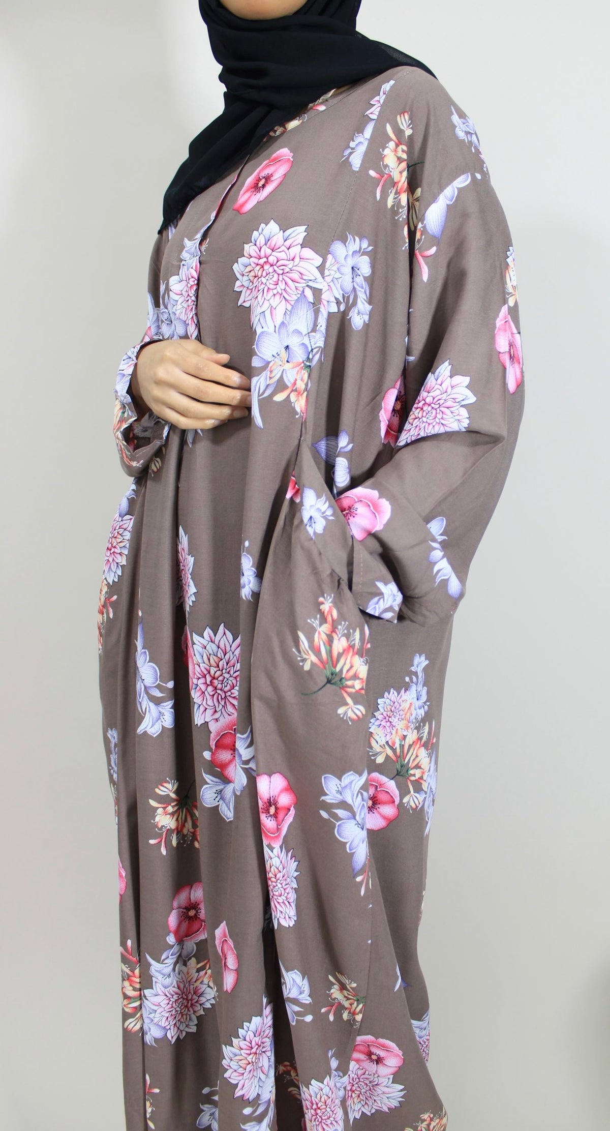 Taupe floral long sleeve maxi dress styled for a modest summer outfit