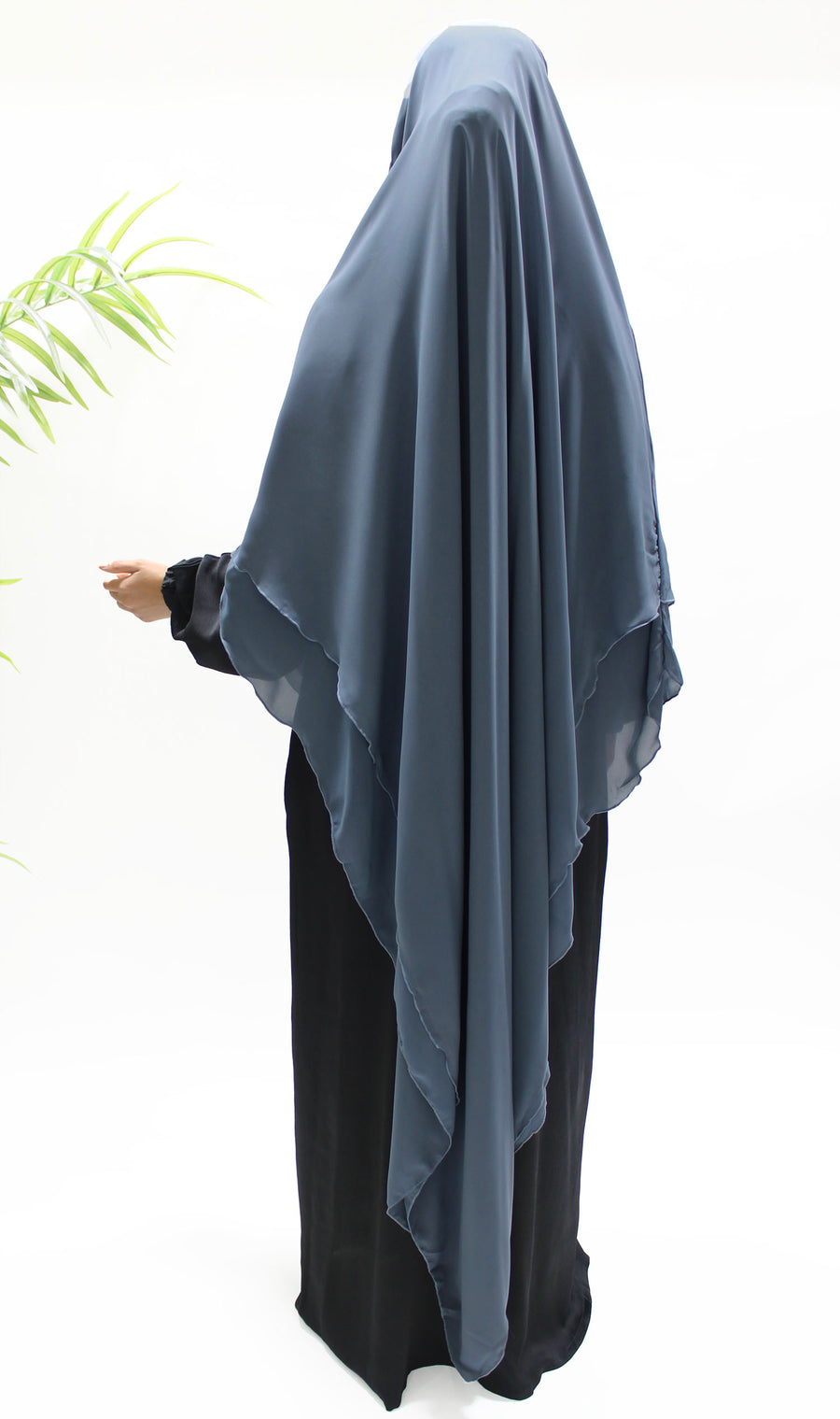 Close-up of the grey chiffon khimar fabric and back tie straps