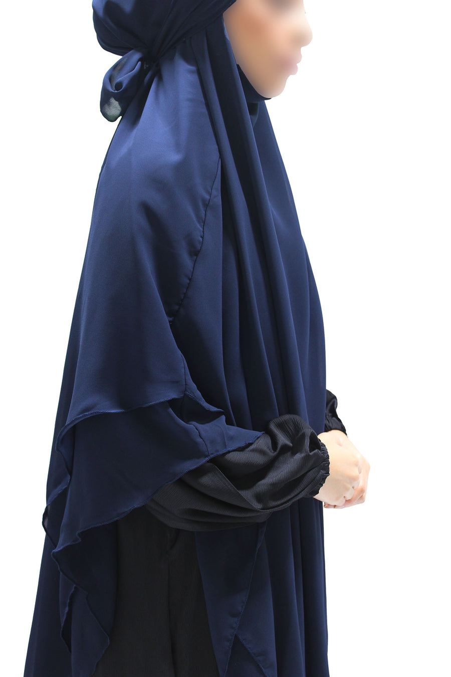 Back view of the navy chiffon khimar showing the tie straps
