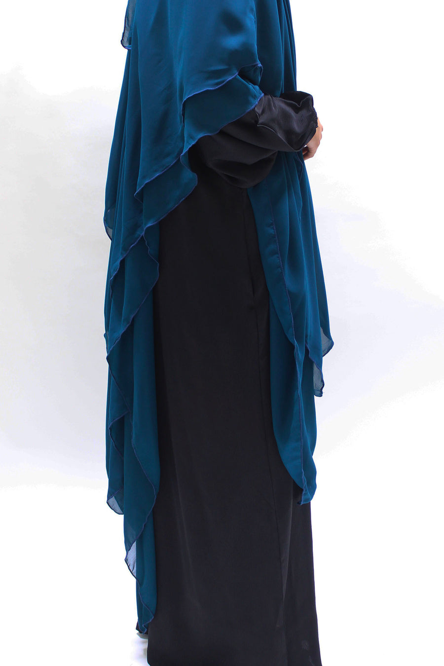 Teal diamond chiffon khimar side view showing soft drape and length