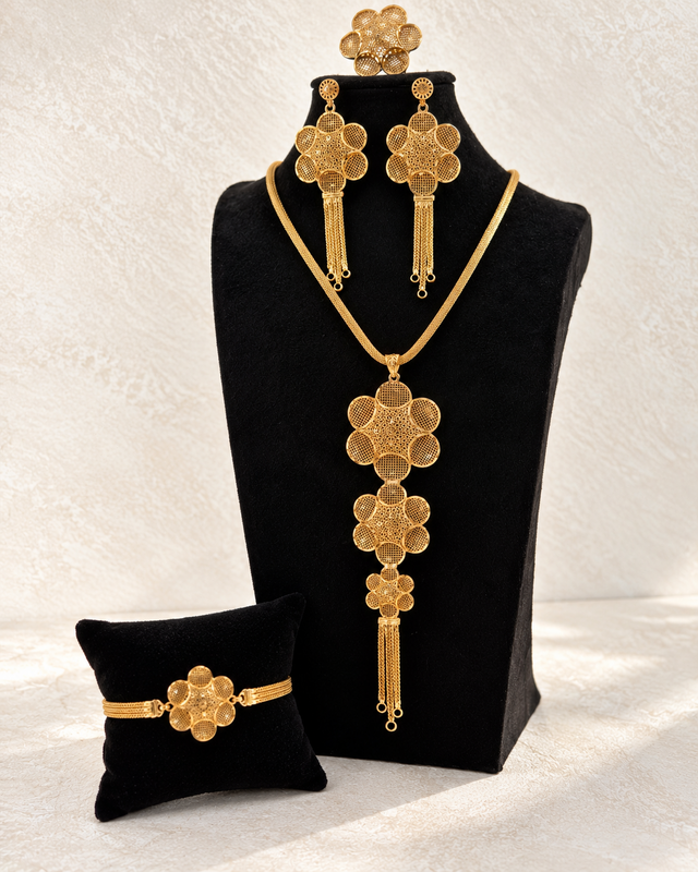 24K gold-plated floral filigree jewellery set with necklace, earrings, bracelet and ring