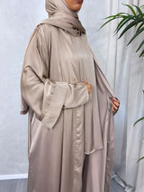 Dark nude Armani satin 4-piece abaya trouser set, front view