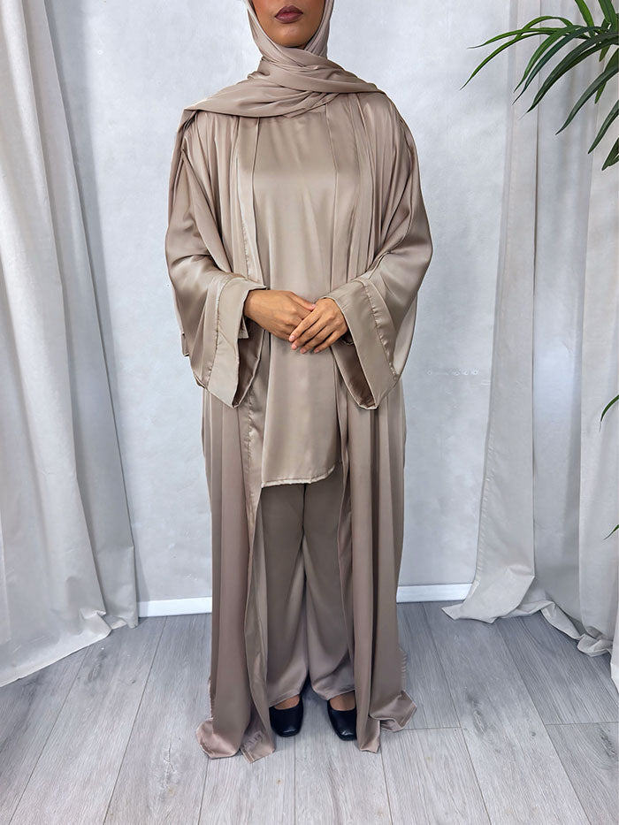 Dark nude abaya set showing the open jacket and trousers