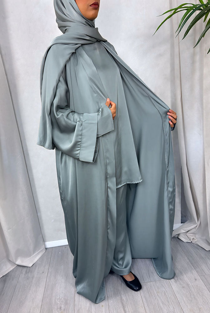 Dark sage satin abaya trouser set full look