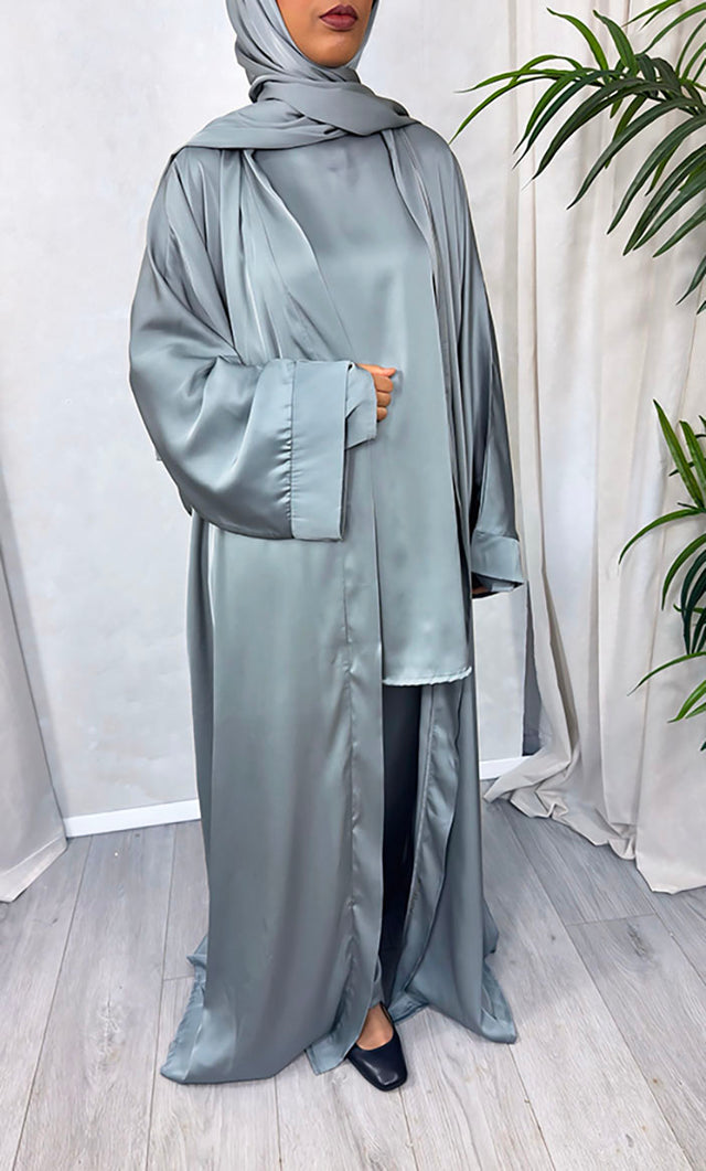 Dark sage Armani satin 4-piece abaya trouser set, front view