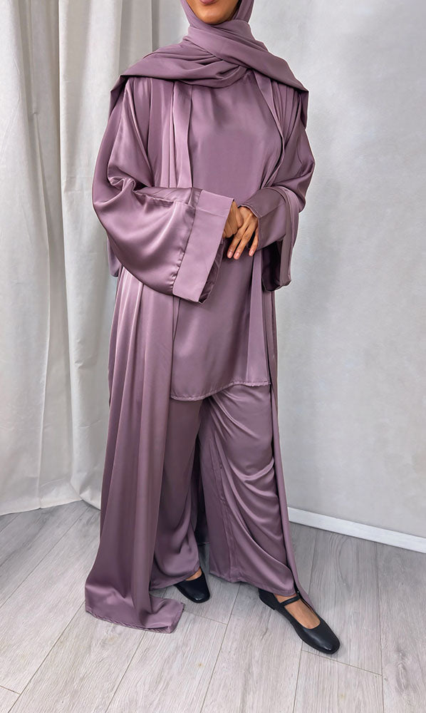 Opera mauve abaya set showing the open jacket and trousers