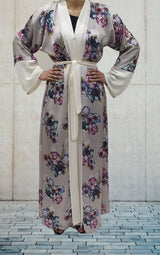 Amani's taupe floral satin open abaya front view