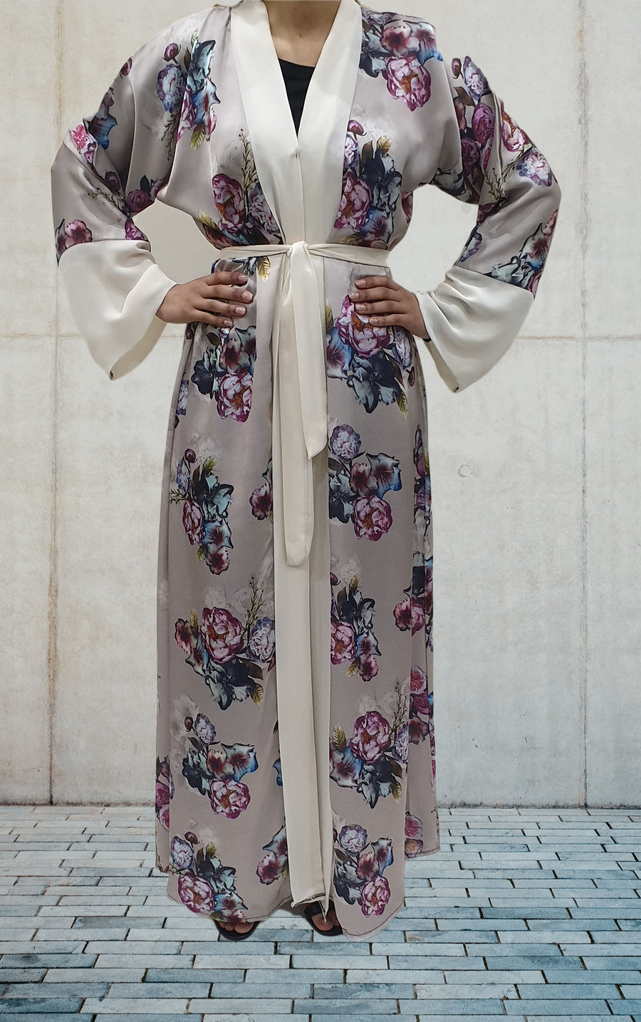 Amani's taupe floral satin open abaya front view