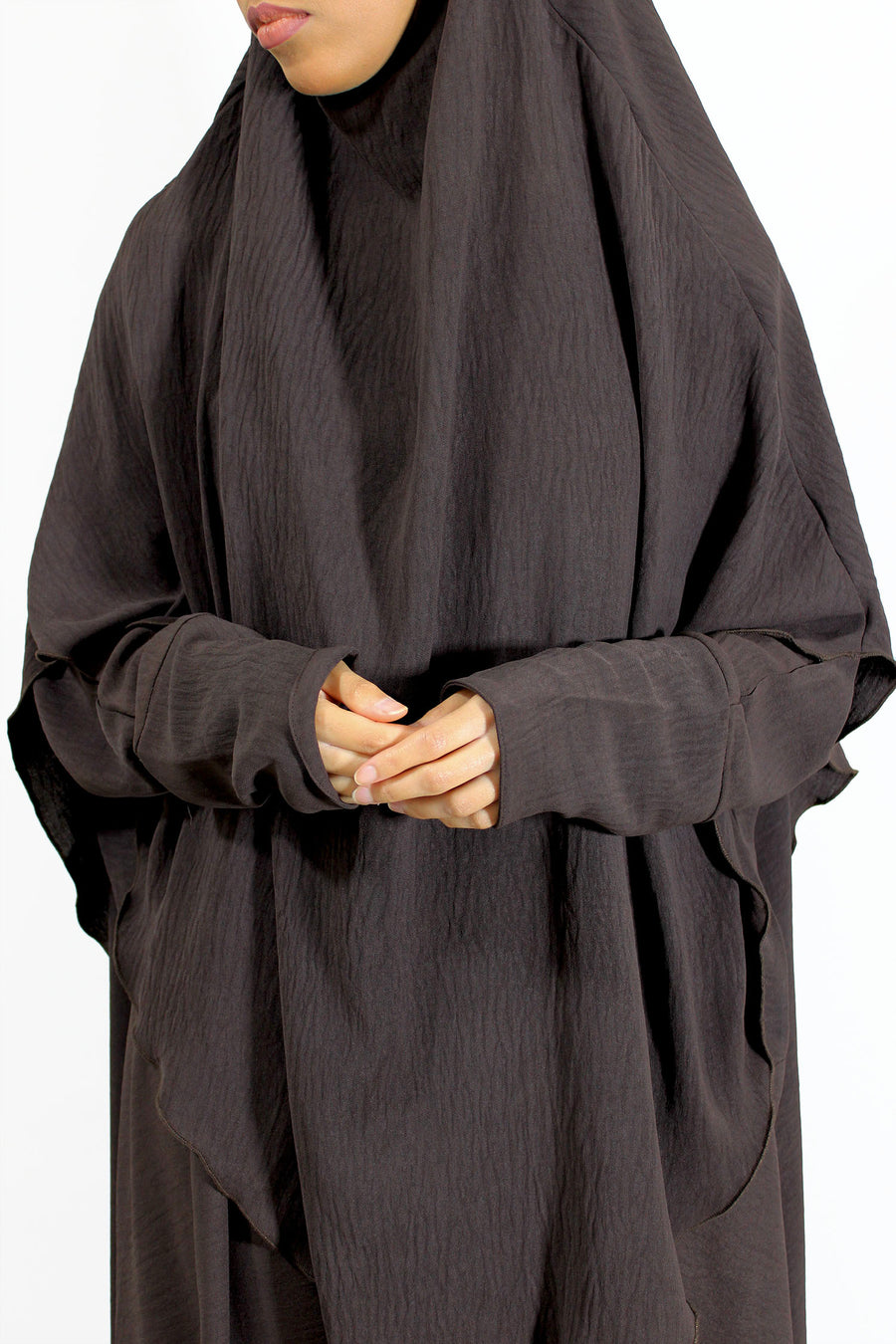 Brown abaya and khimar set styled together