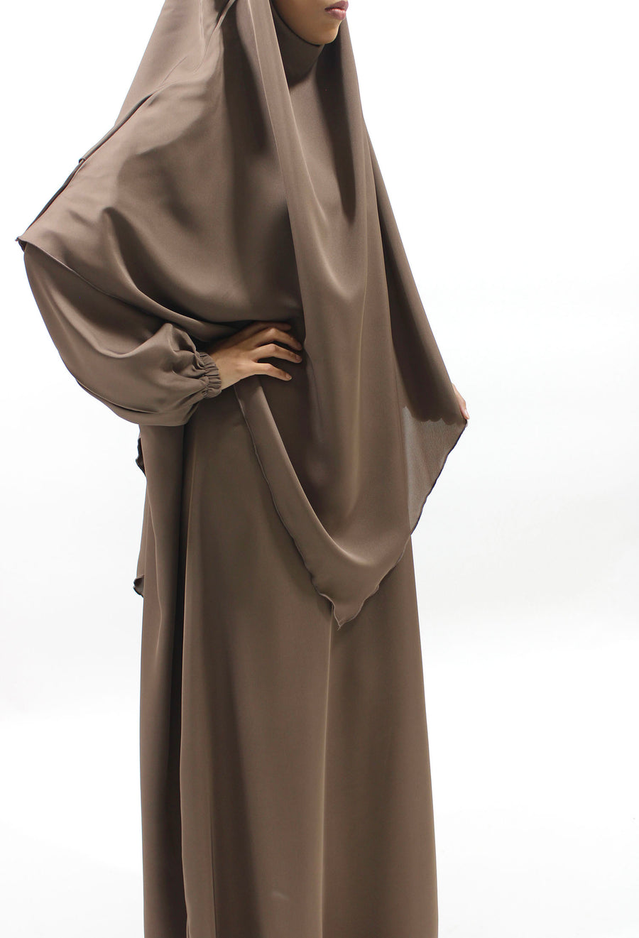 Dark beige diamond-shaped khimar showing full coverage