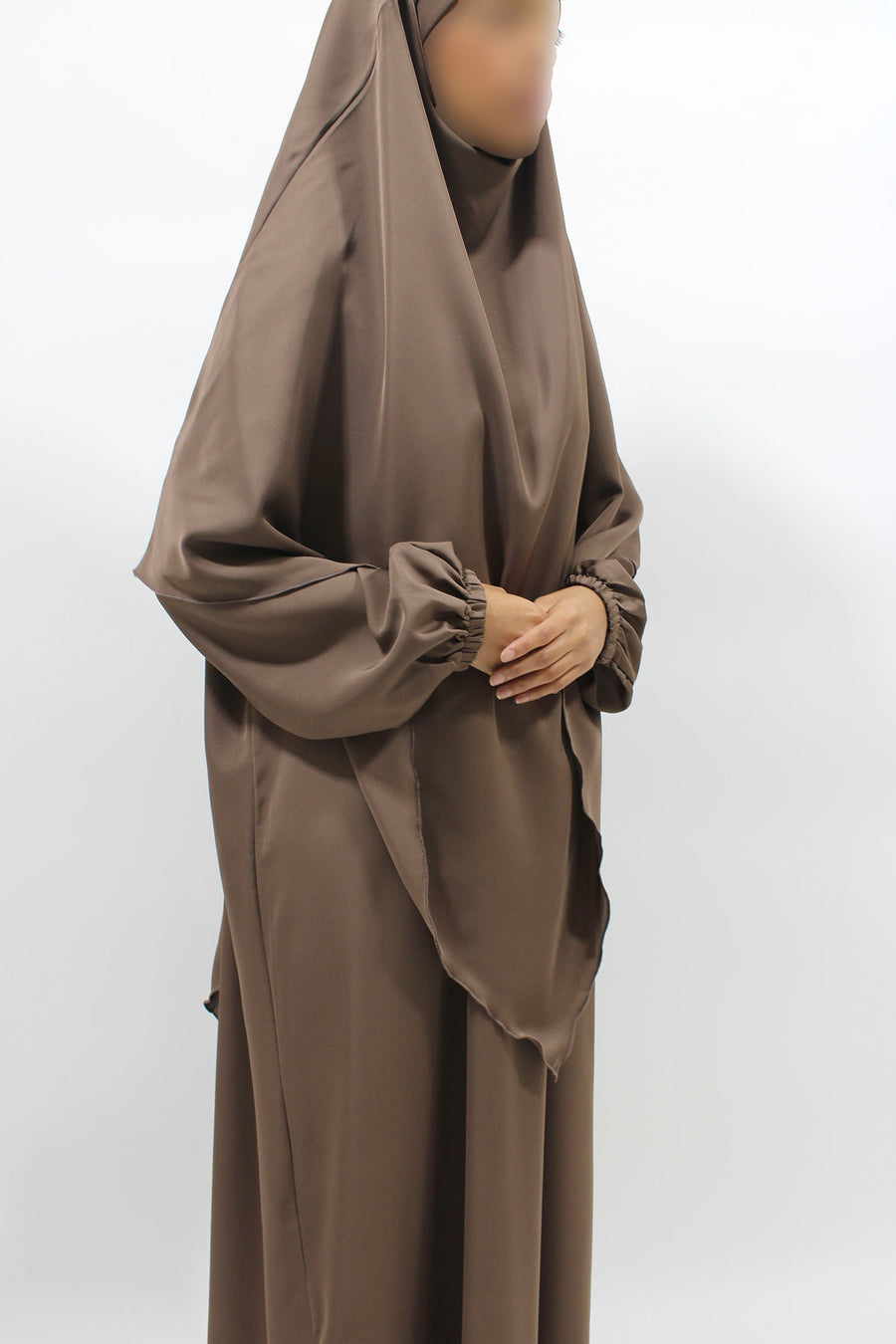 Dark beige abaya, khimar and niqab set, front view
