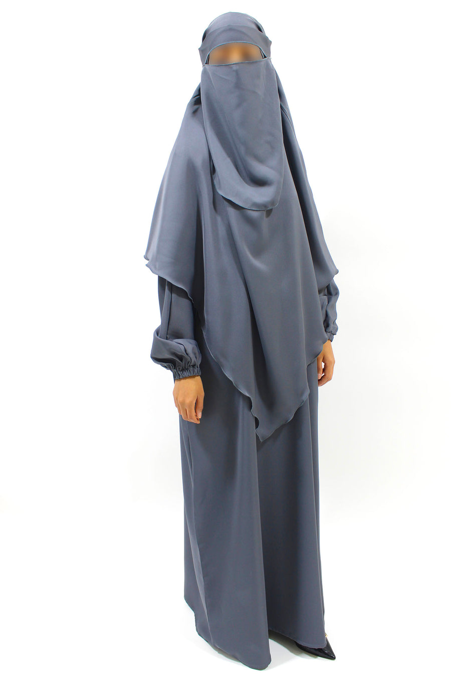 Grey overhead abaya showing the loose fit and Neda drape
