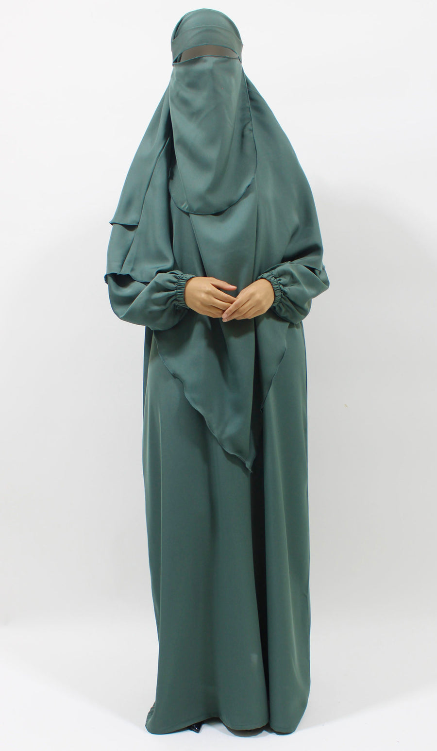 Pine green diamond-shaped khimar showing full coverage