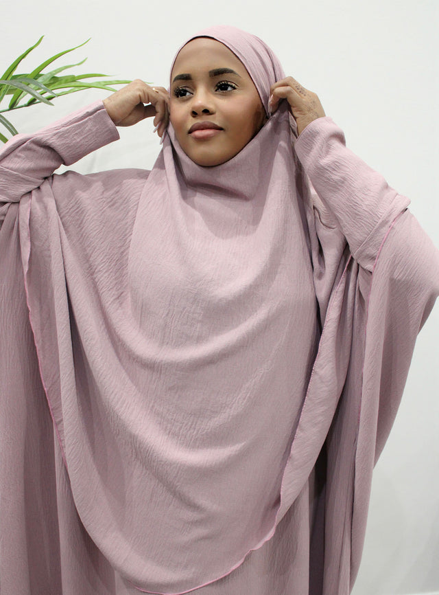 Cotton candy pink abaya and khimar set, front view