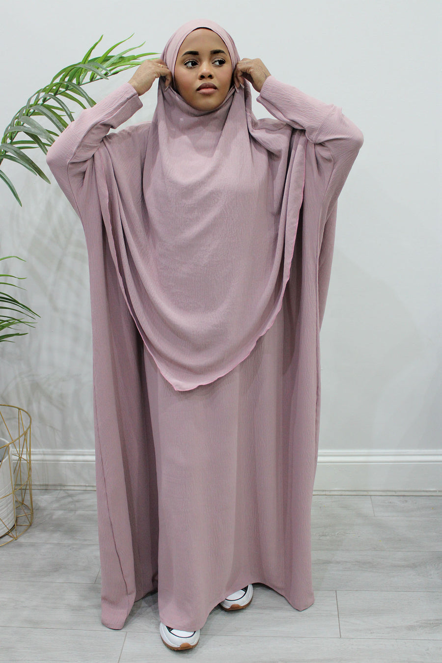 Cotton candy diamond-shaped khimar showing full chest coverage