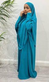 Dark turquoise abaya and khimar set, front view