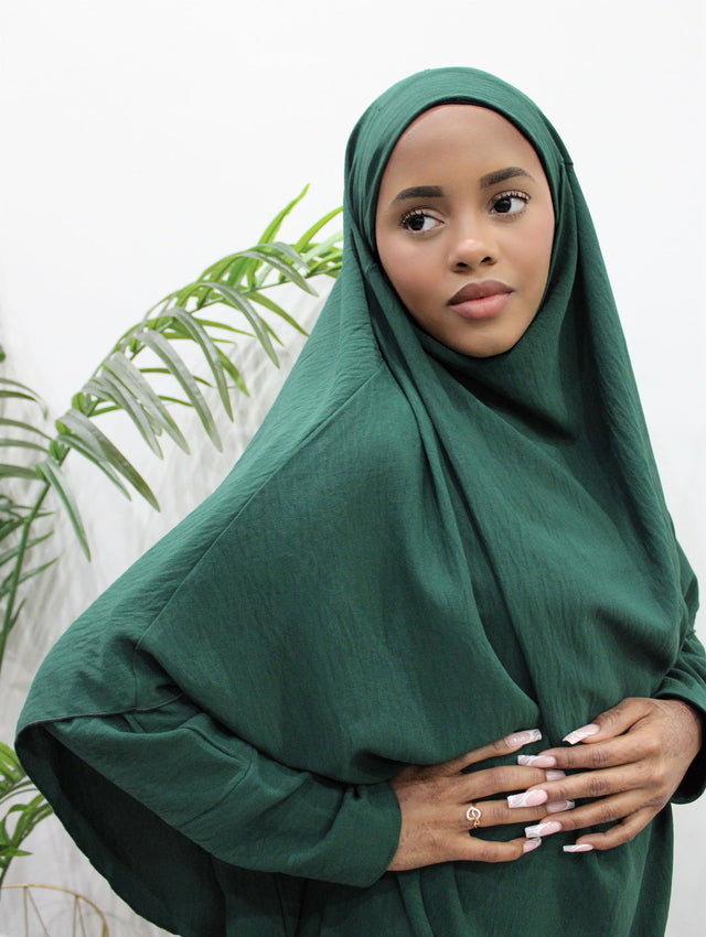 Forest green abaya and khimar set, front view