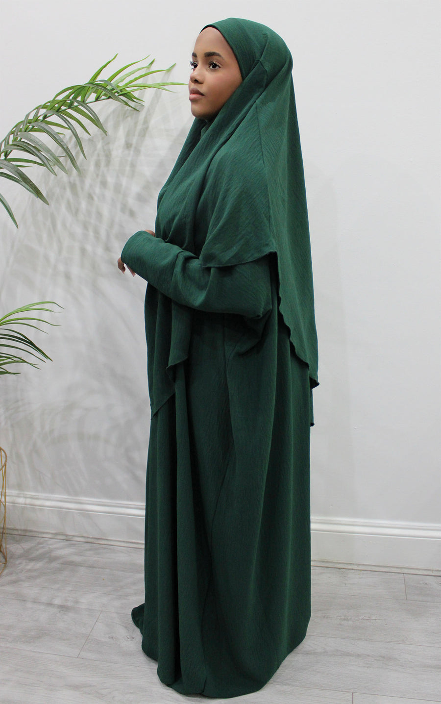 Forest green abaya and khimar set styled together
