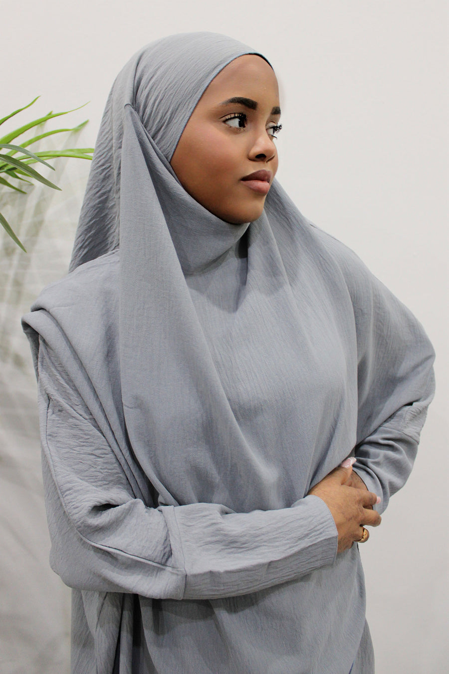 Light grey abaya and khimar set, front view