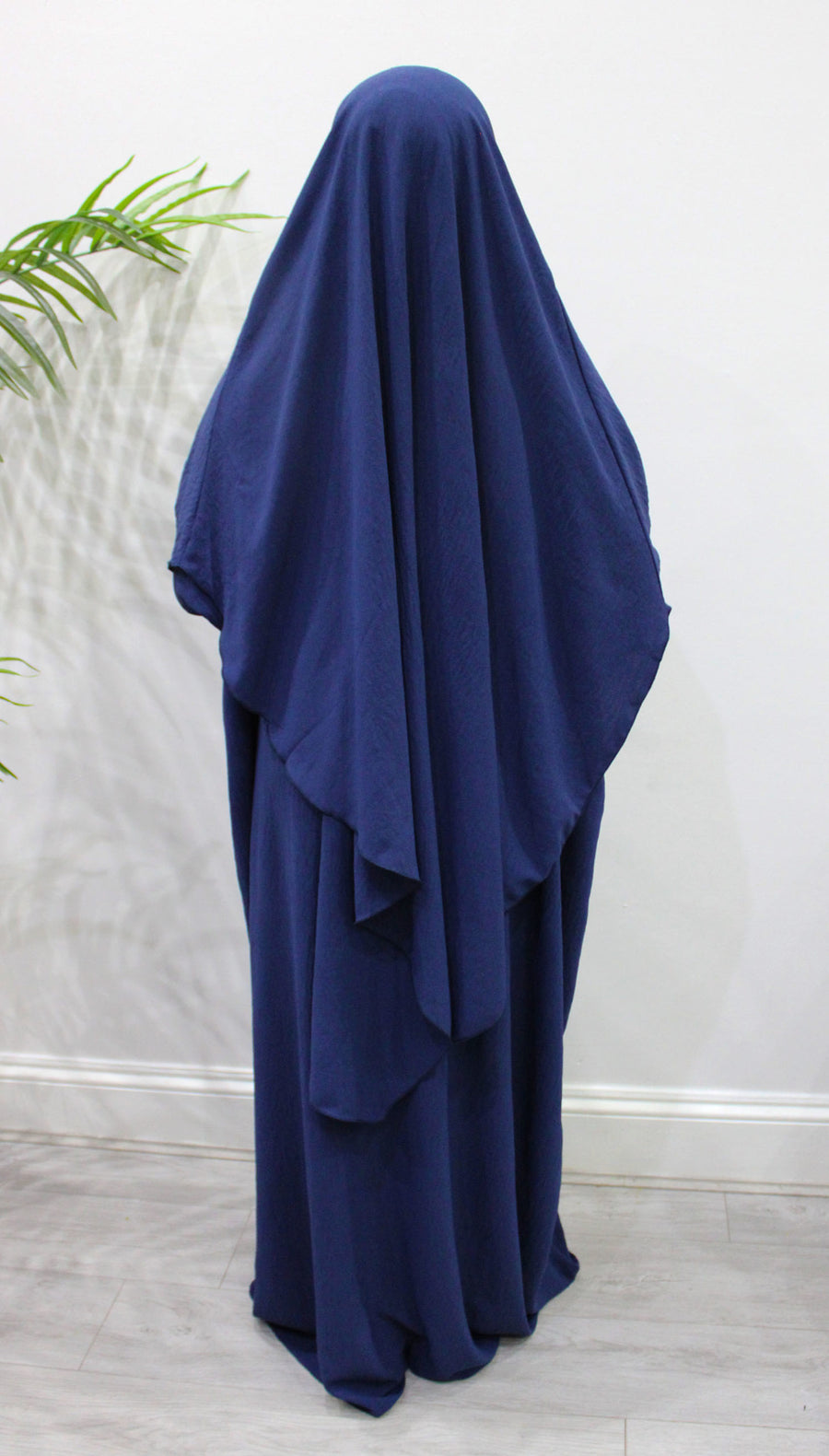 Navy abaya and khimar set styled together