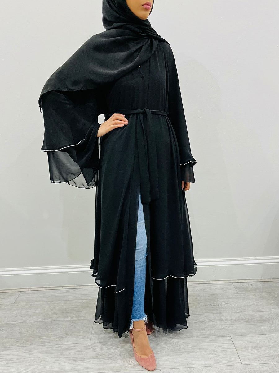 Black embellished chiffon open abaya worn open over an outfit