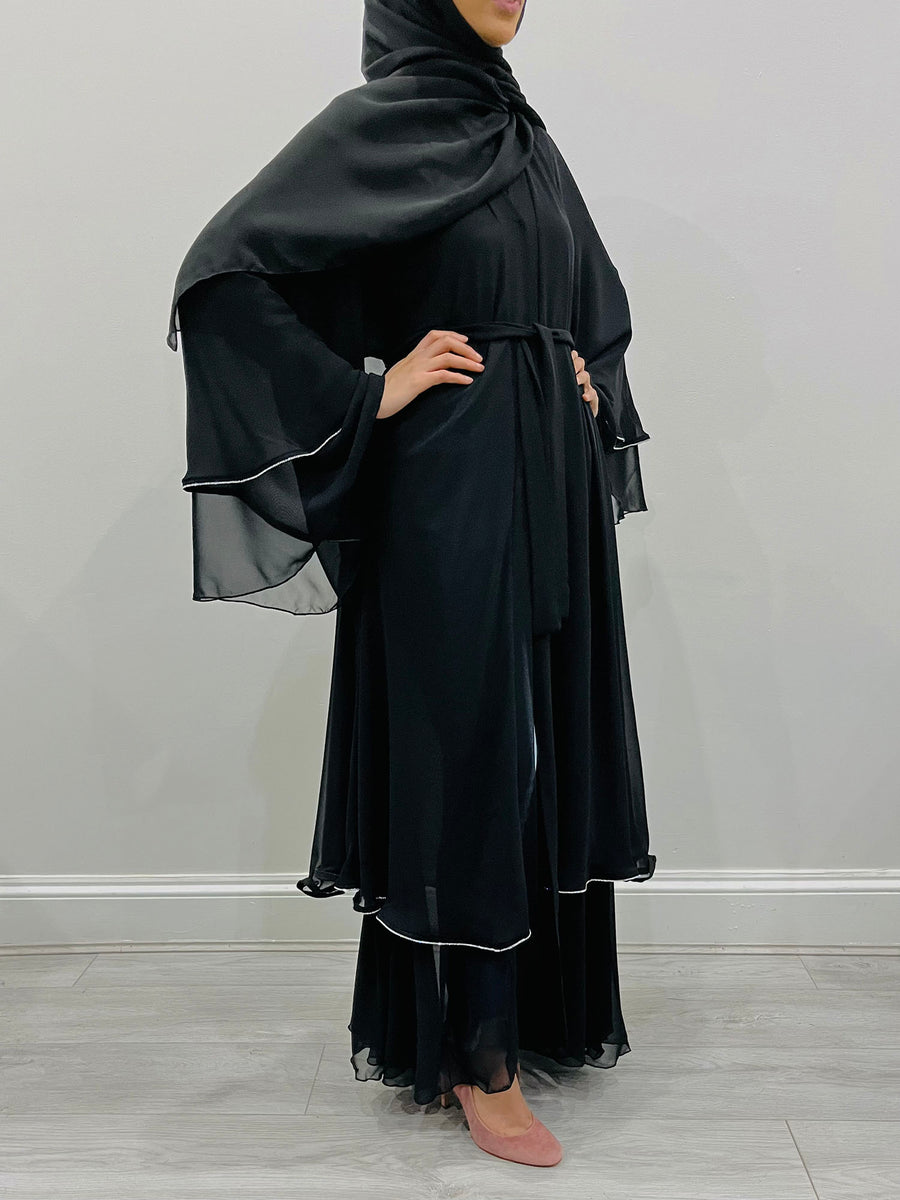 Black crystal chiffon abaya showing the double-layered drape
