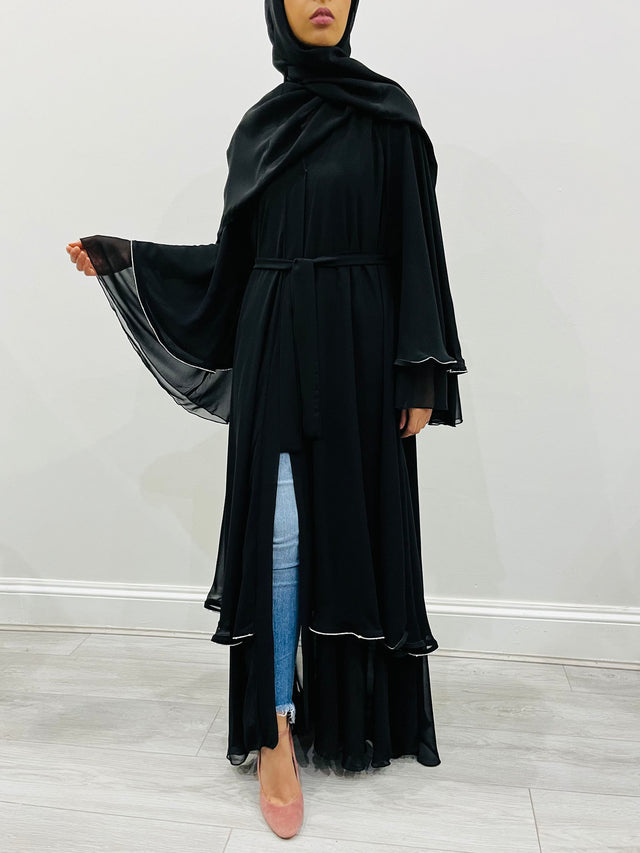 Amani's black chiffon open abaya with crystal embellishments, front view