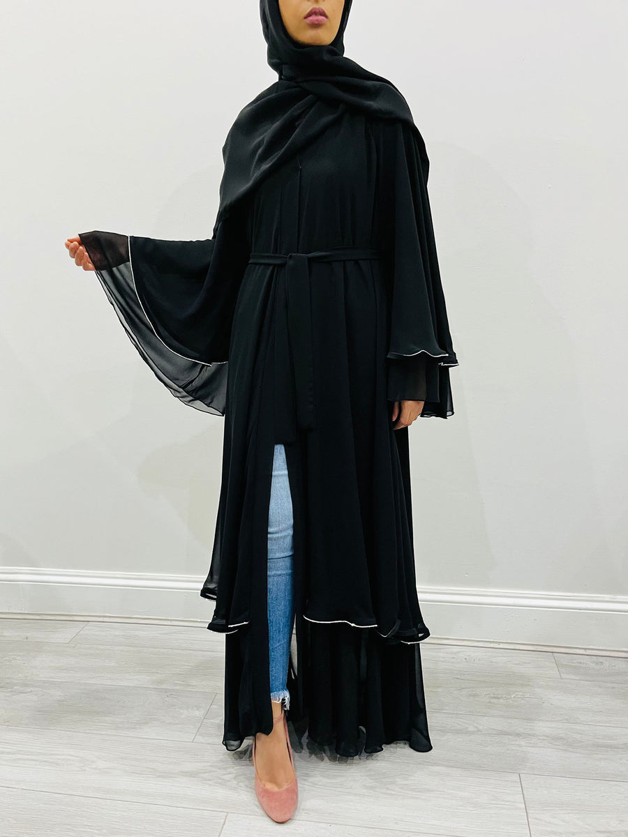 Amani's black chiffon open abaya with crystal embellishments, front view
