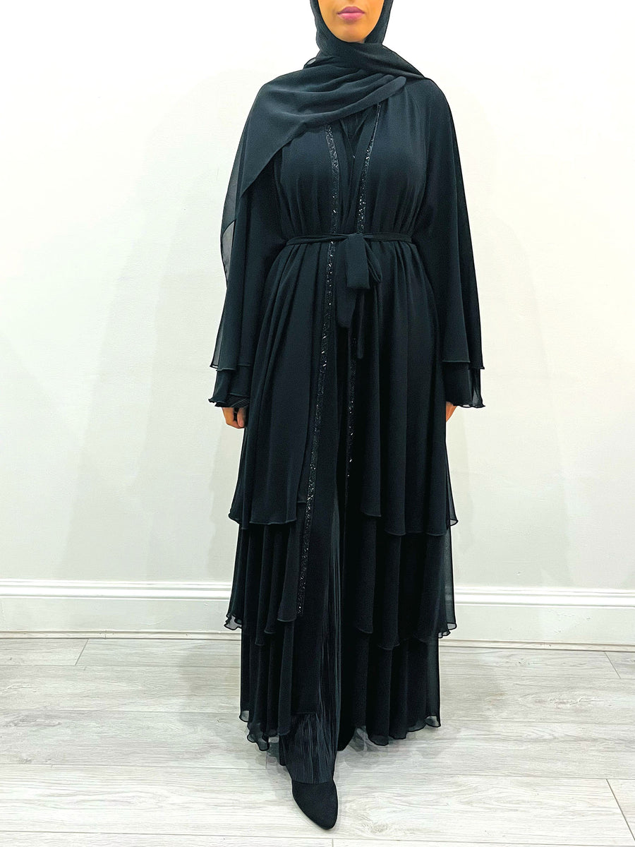 Black layered chiffon abaya showing the soft draped layers