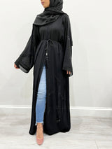 Amani's black double chiffon open abaya with beaded detail, front view
