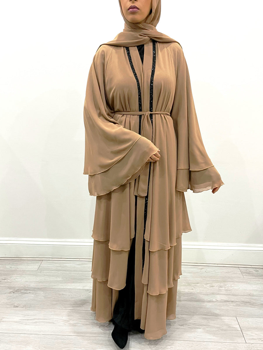 Close-up of the black beadwork on the caramel chiffon abaya