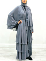 Amani's dolphin gray chiffon open abaya with black beaded detail, front view