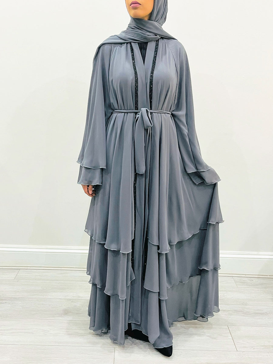 Dolphin gray abaya shown with its matching hijab and belt