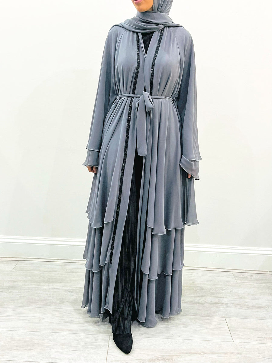 Close-up of the black beadwork on the dolphin gray chiffon abaya