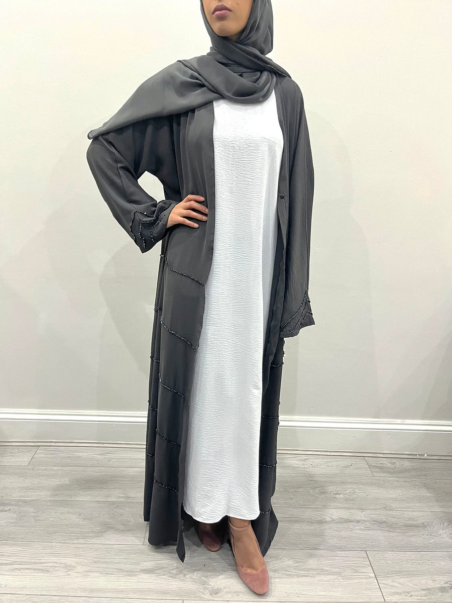Amani's charcoal grey embellished two-piece open abaya, front view