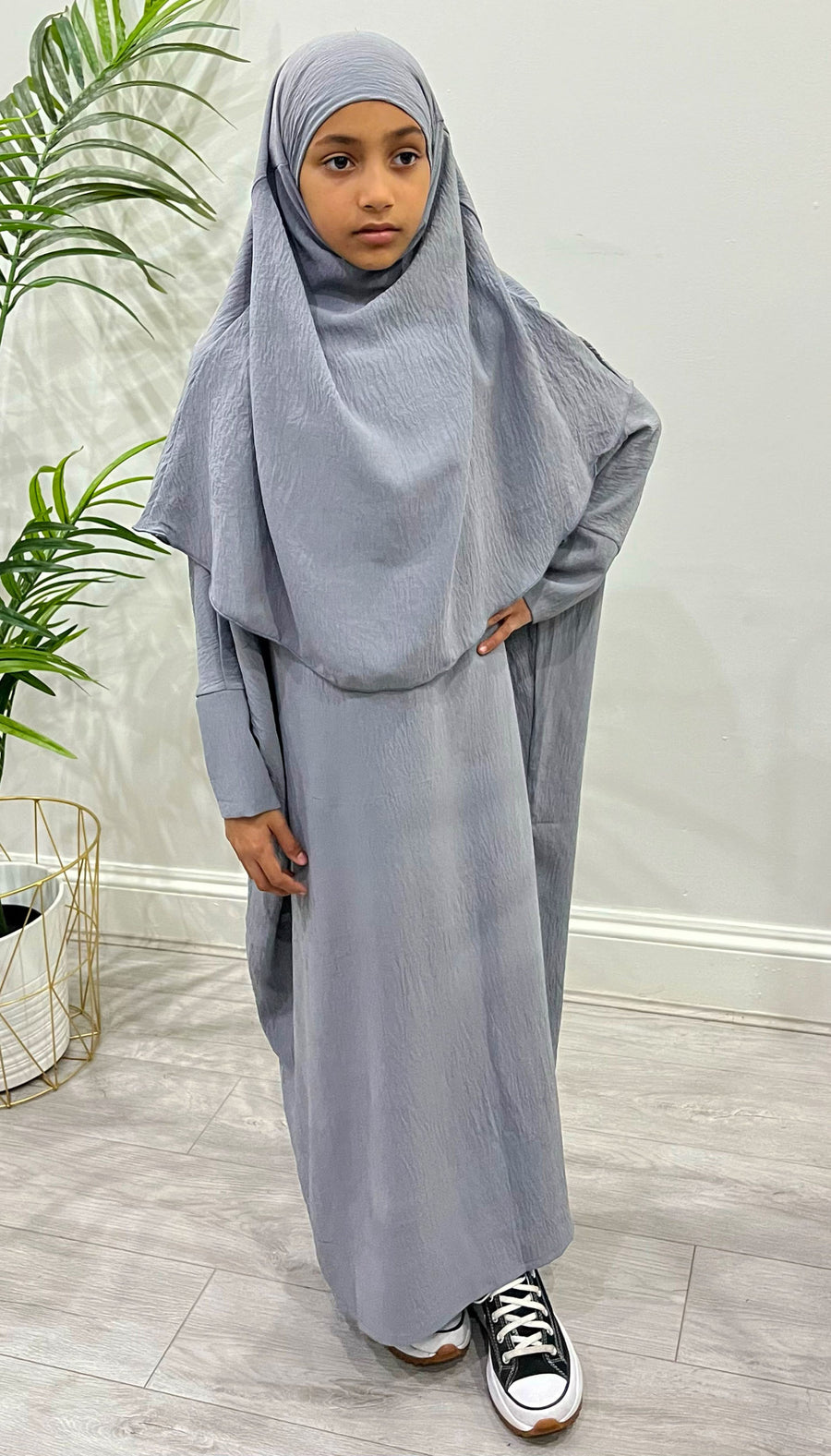 Amani's grey girls' abaya and khimar set in soft crepe