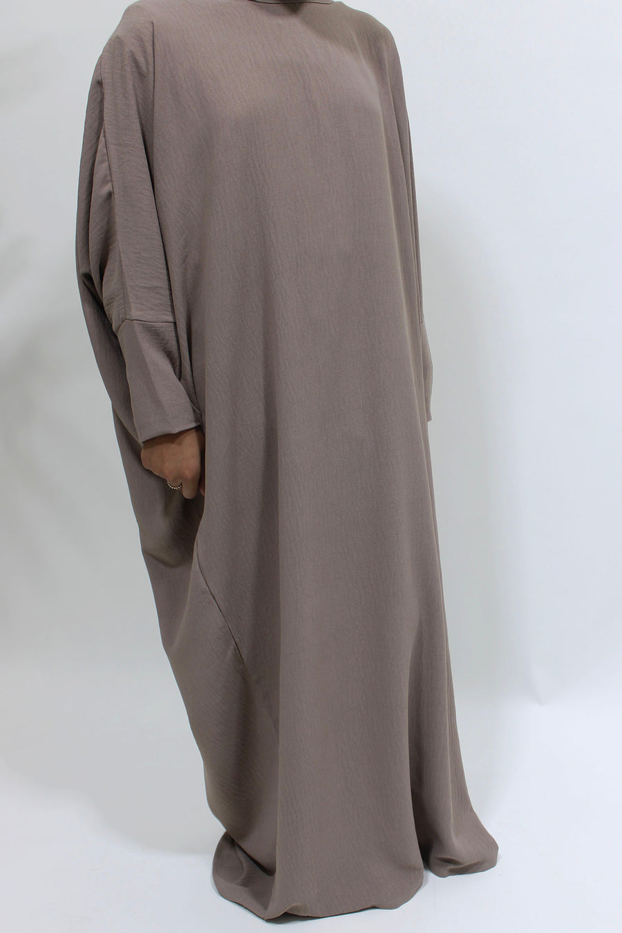 Mocha diamond-shaped khimar showing full chest coverage
