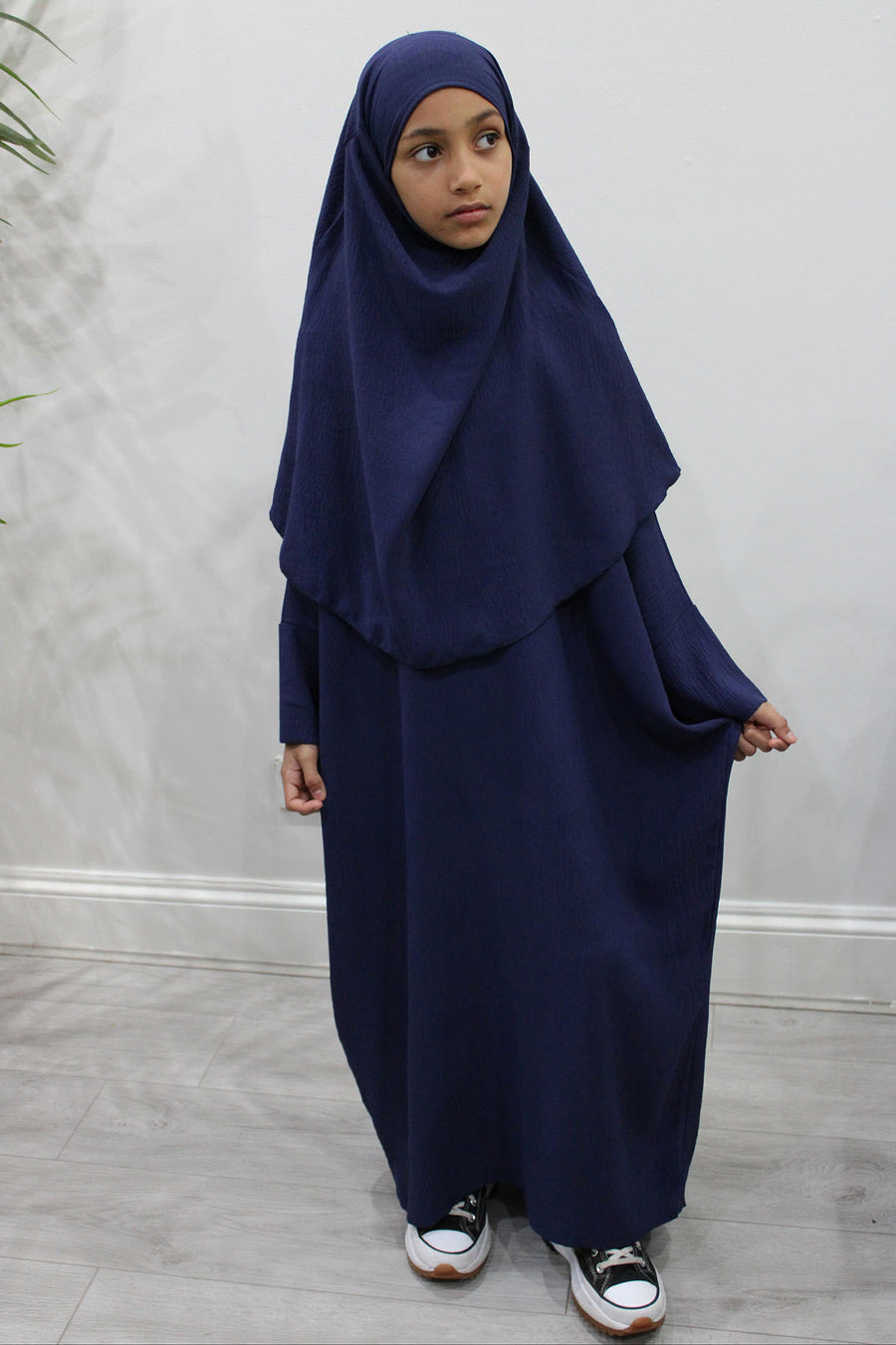 Amani's navy girls' abaya and khimar set in soft crepe