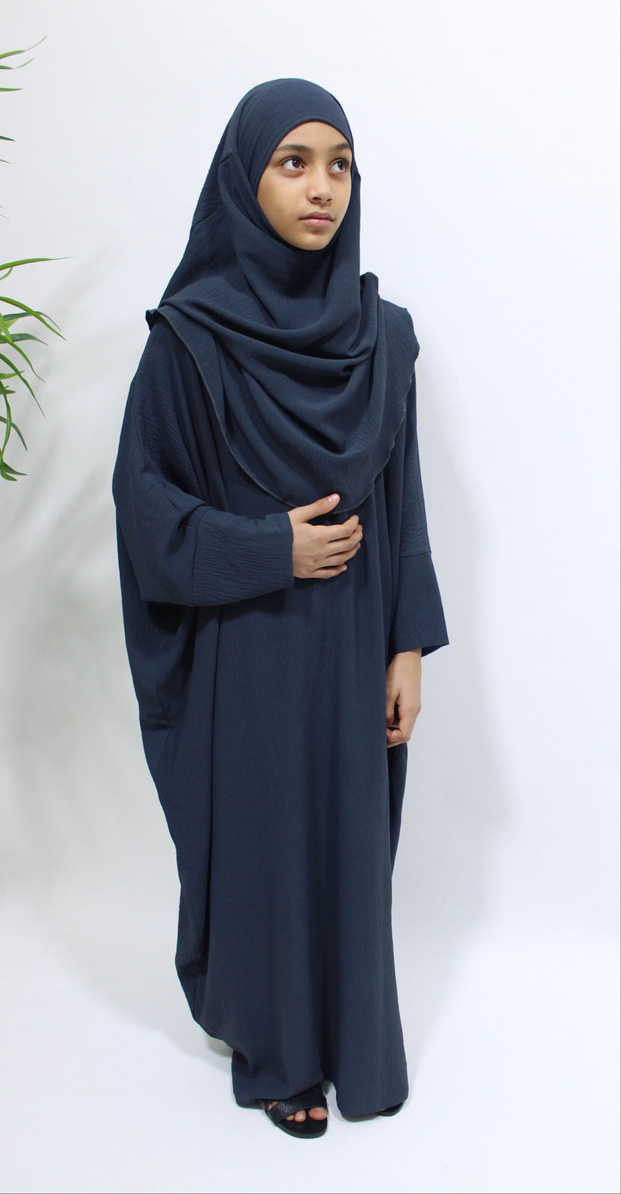 Amani's slate grey girls' abaya and khimar set in soft crepe