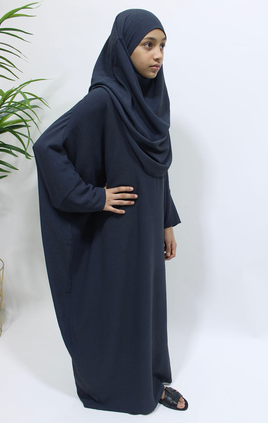 Back view of girls' slate grey abaya and khimar set