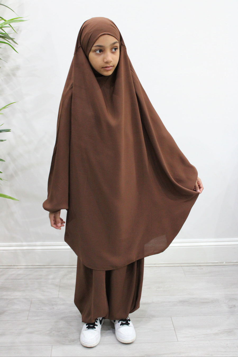 Chocolate brown half-jilbab top with tie-back straps for girls