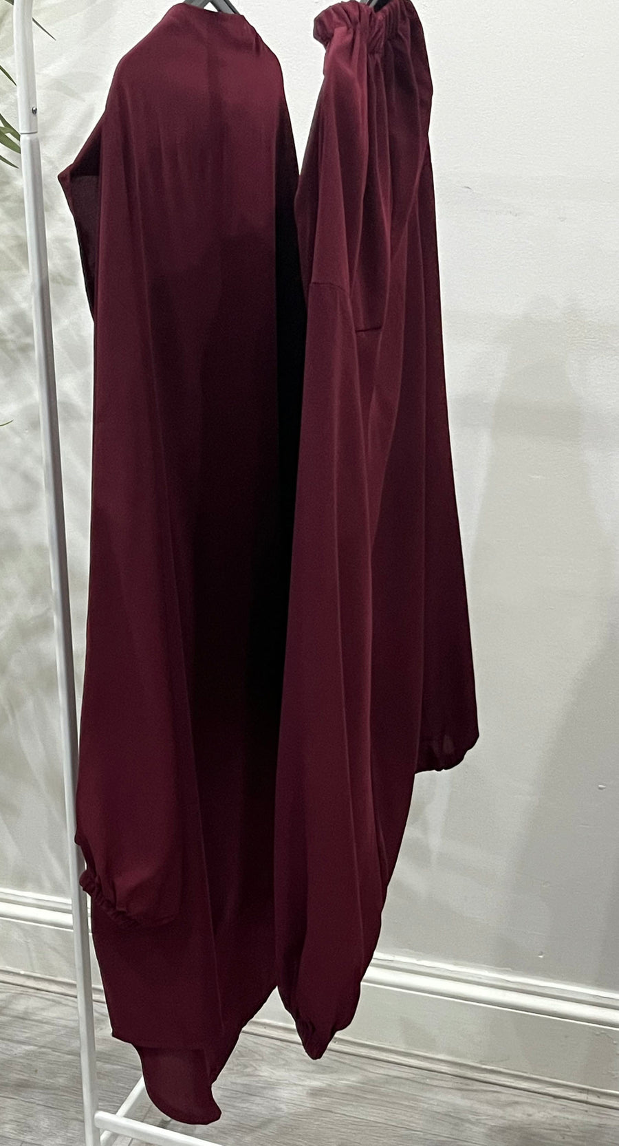 Amani's maroon girls' sarouel jilbab in soft crepe, full look