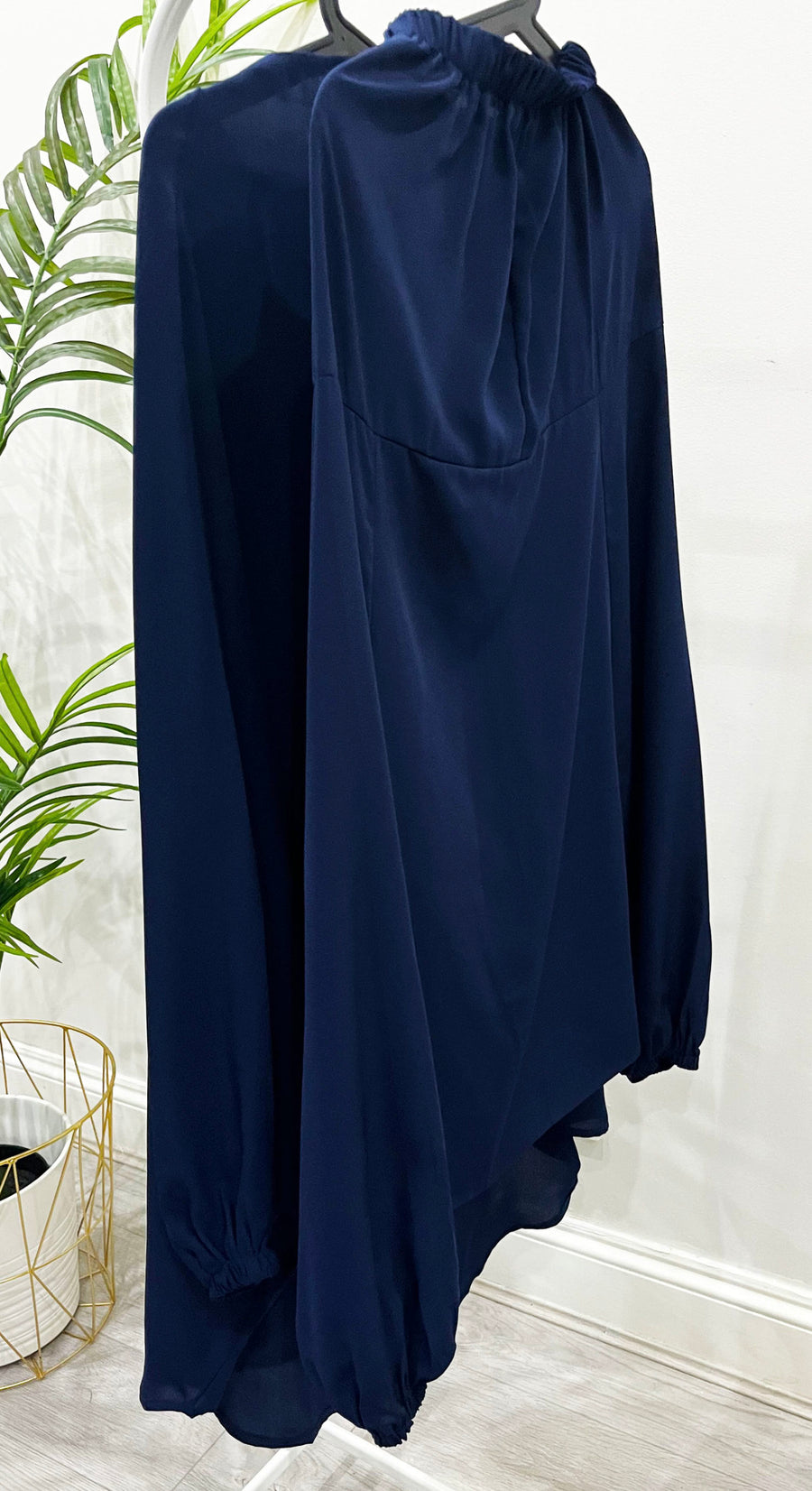 Amani's navy girls' sarouel jilbab in soft crepe, full view