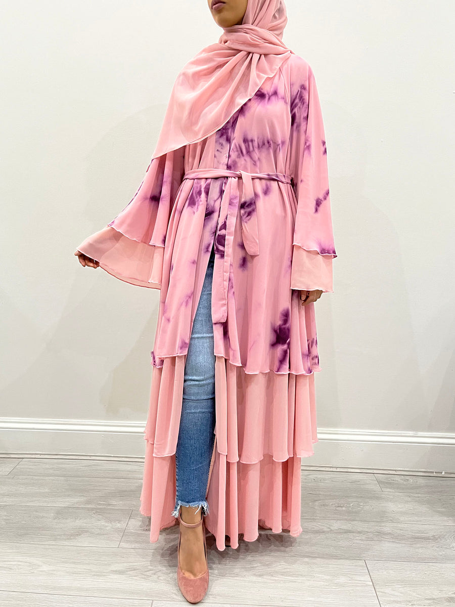 Pink lemonade tie-dye layered open abaya, front view