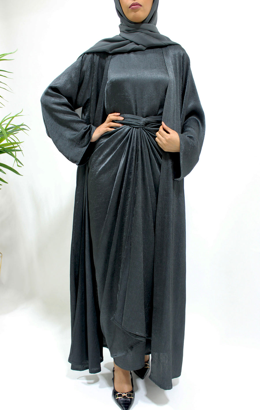 Anchor grey crushed satin four-piece open abaya set shown front-on with kimono abaya, inner dress and wrap skirt
