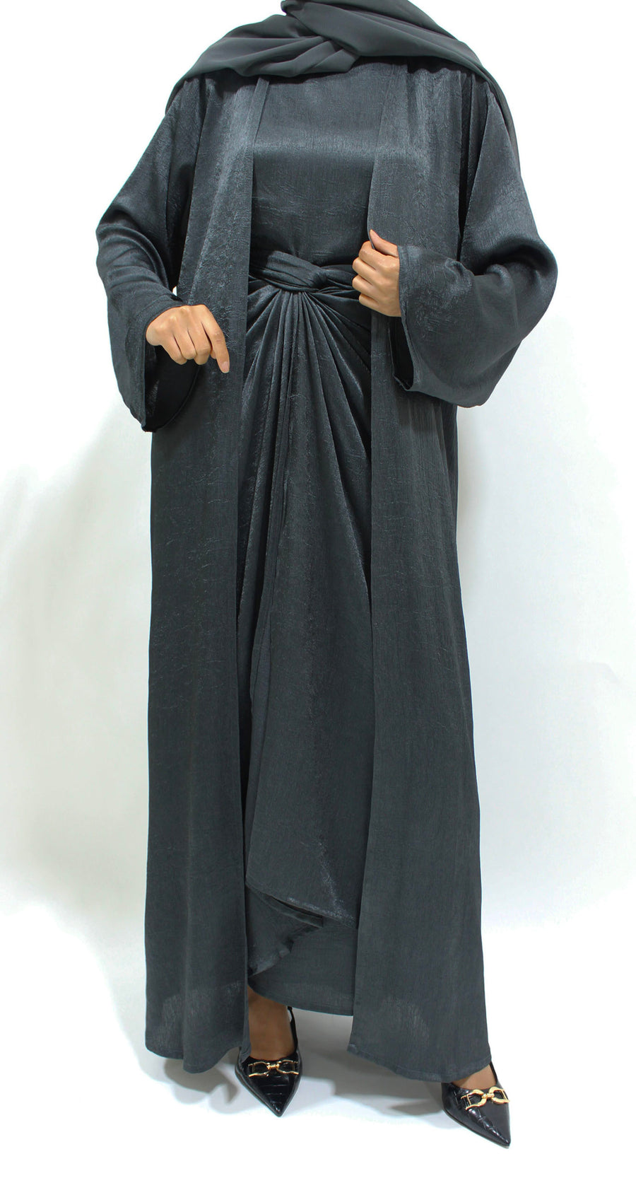 Full-length view of the anchor grey crushed satin four-piece set with flowing open kimono abaya