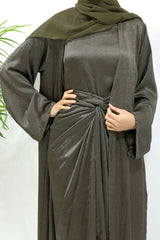 Army green crushed satin four-piece open abaya set shown front-on with kimono abaya, inner dress and wrap skirt
