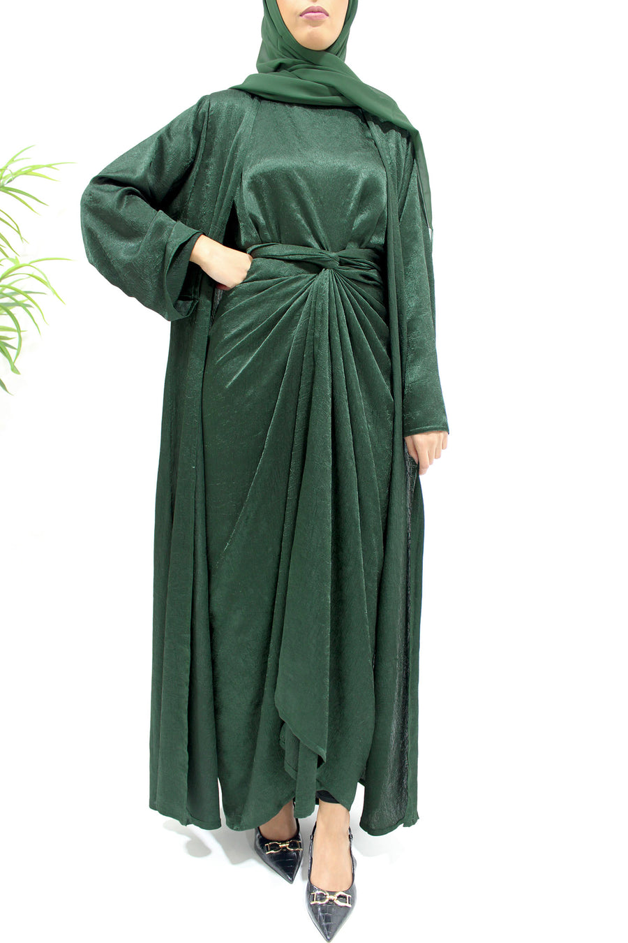 Forest green crushed satin abaya set styled with matching hijab for Eid and weddings